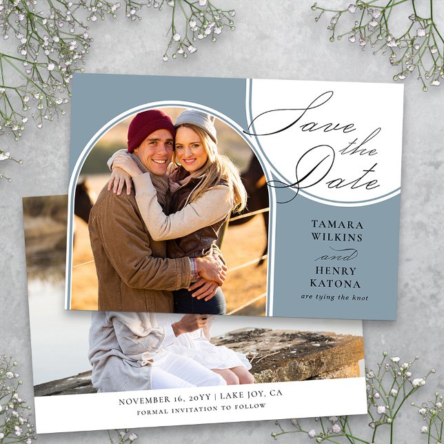 Save The Date Calligraphie du Mariage de photo bleu foncé (Dusty Blue Photo Save the Date from my Wedding Colors Collection)