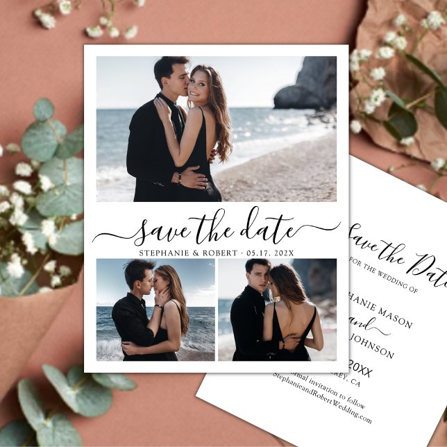 Save The Date Calligraphie élégante 3 Photo Collage Mariage (Créateur téléchargé)