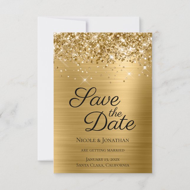 Save The Date Calligraphie élégante à paillettes dorées (Devant)