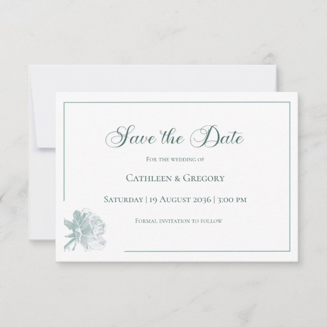 Save The Date Calligraphie Élégante Fleurs Vert Sage Mariage (Devant)