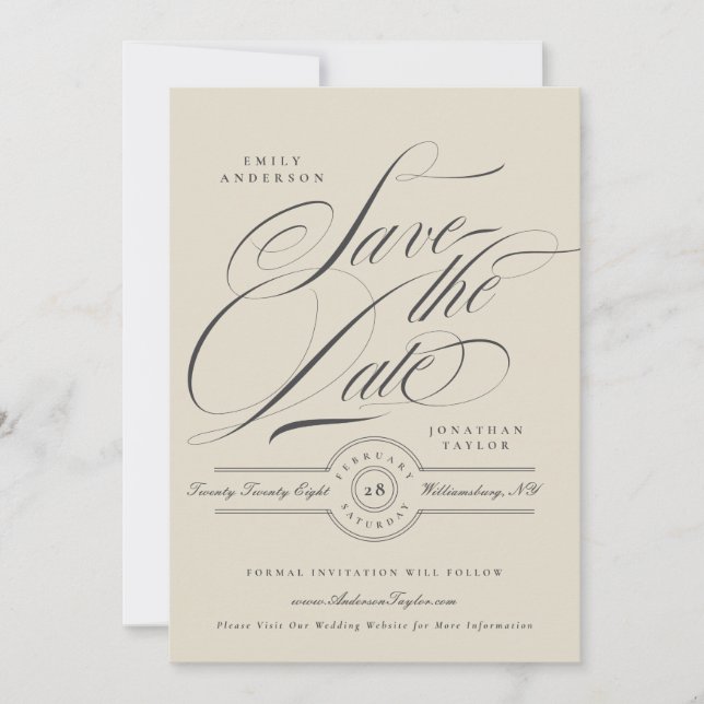 Save The Date Calligraphie Élégante Formel Site Web de Mariage P (Devant)