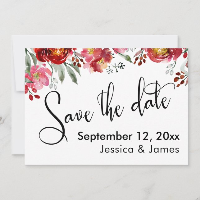 Save The Date Calligraphie Enregistrer la Date Fleurs Rouge Bour (Devant)