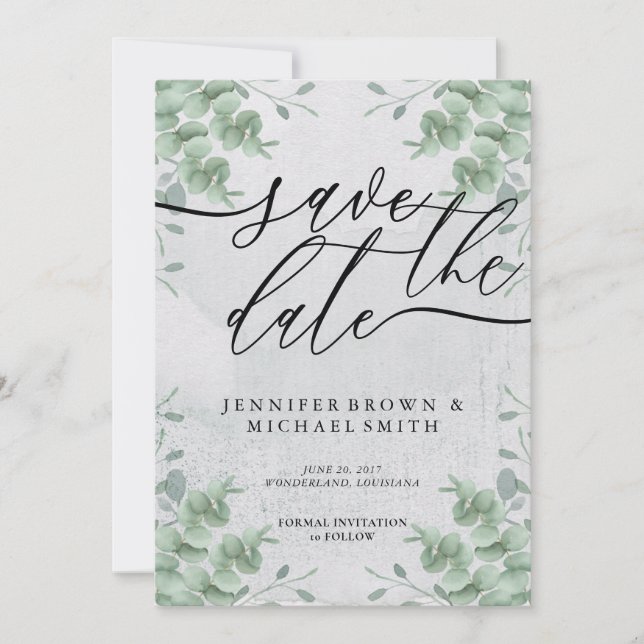 Save The Date Calligraphie Eucalyptus Verdure jour spécial (Devant)