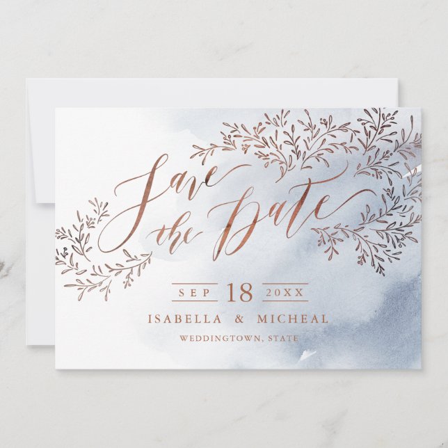 Save The Date Calligraphie florale rustique bleu poussiéreux enr (Devant)