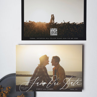 Save The Date Calligraphie Mariage noir et blanc QR Code photo
