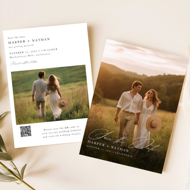 Save The Date Calligraphie minimale Mariage de photo Code QR (Créateur téléchargé)