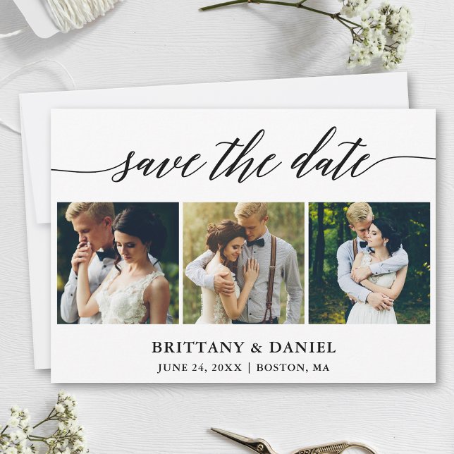 Save The Date Calligraphie moderne 3 Photo (Customize to change your personalized text size, style or to add more text & photos to back of card.)