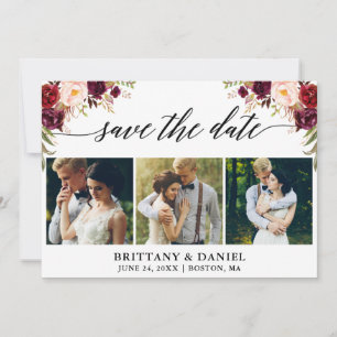 Save The Date Calligraphie moderne Bourgogne Floral 3 Photo