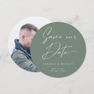 Save The Date Calligraphie Moderne Cercle Rond Vert Sauge Photo