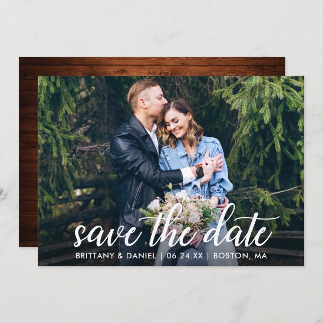Save The Date Calligraphie moderne Couple Photo Mariage Wood (Devant / Derrière)