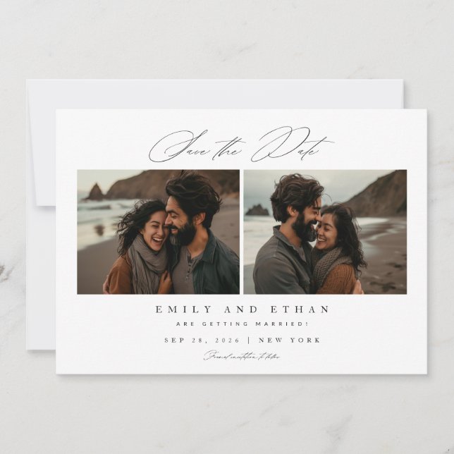 Save The Date Calligraphie moderne Deux photos Code QR (Devant)