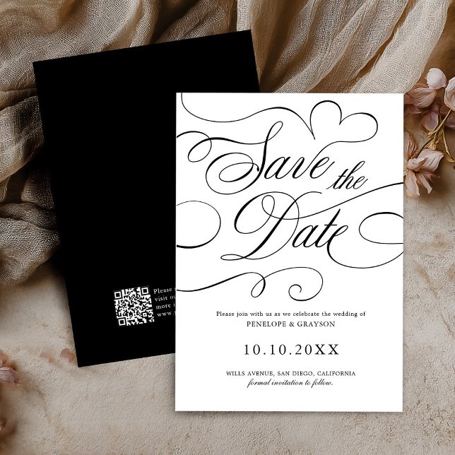 Save The Date Calligraphie moderne intemporel noir code QR maria (Modern calligraphy timeless Black QR code wedding Save The Date)