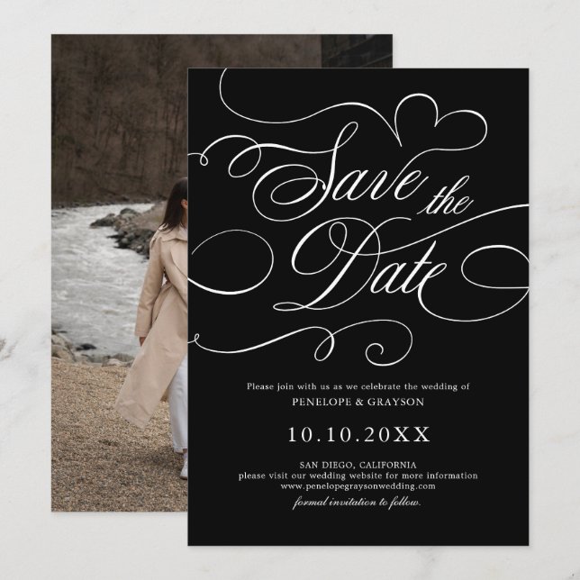 Save The Date Calligraphie moderne intemporelle Noir blanc maria (Devant / Derrière)