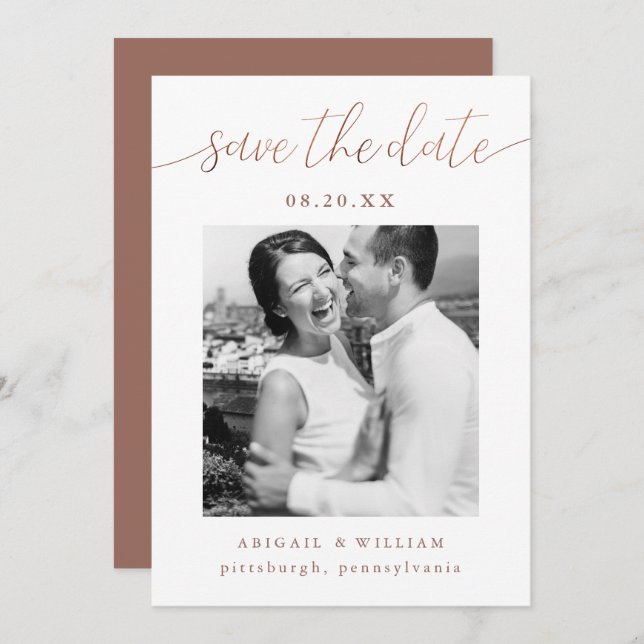 Save The Date Calligraphie moderne Photo Terracotta Mariage (Devant / Derrière)