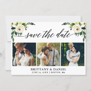 Save The Date Calligraphie moderne Vert Blanc Floral 3 Photo