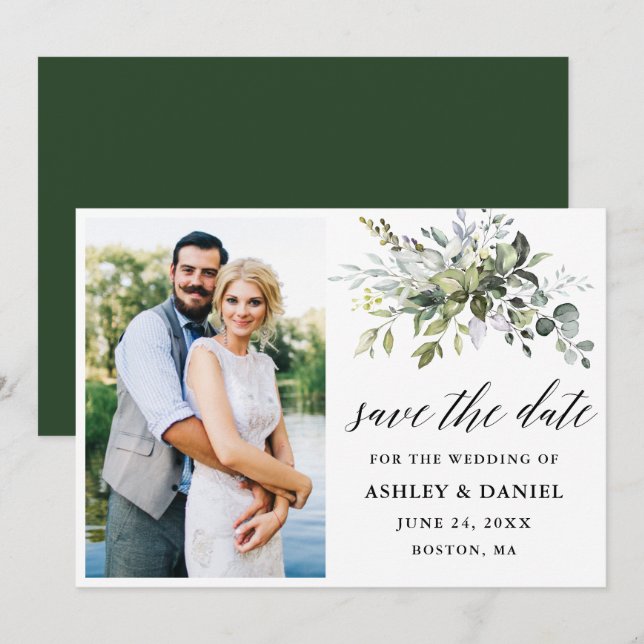 Save The Date Calligraphie moderne Vert Couple Photo (Devant / Derrière)