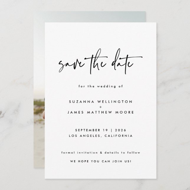 Save The Date Calligraphie noir blanc minimal photo Mariage (Devant / Derrière)