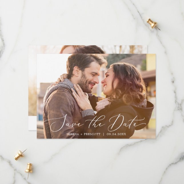 Save The Date Calligraphie noire délicate photo horizontale fonc (Devant/Arrière en situation)