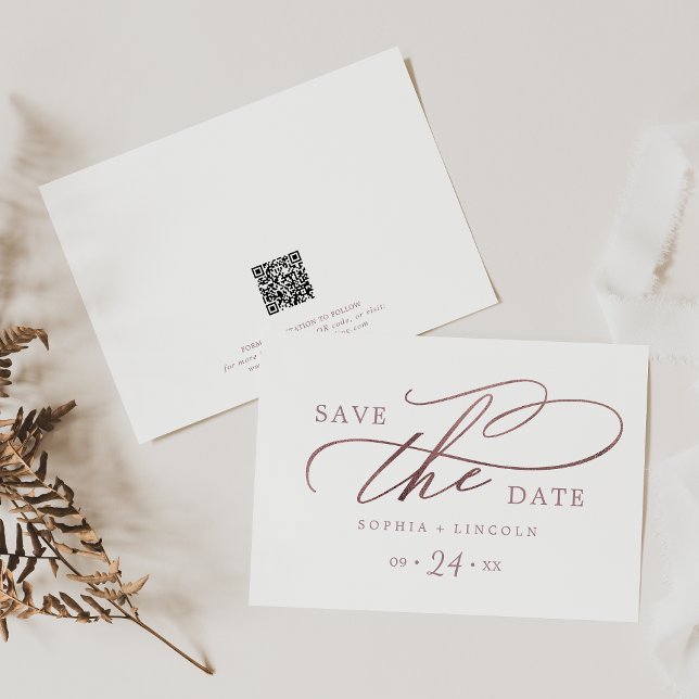 Save The Date Calligraphie or romantique Rose QR Code horizontal (Créateur téléchargé)
