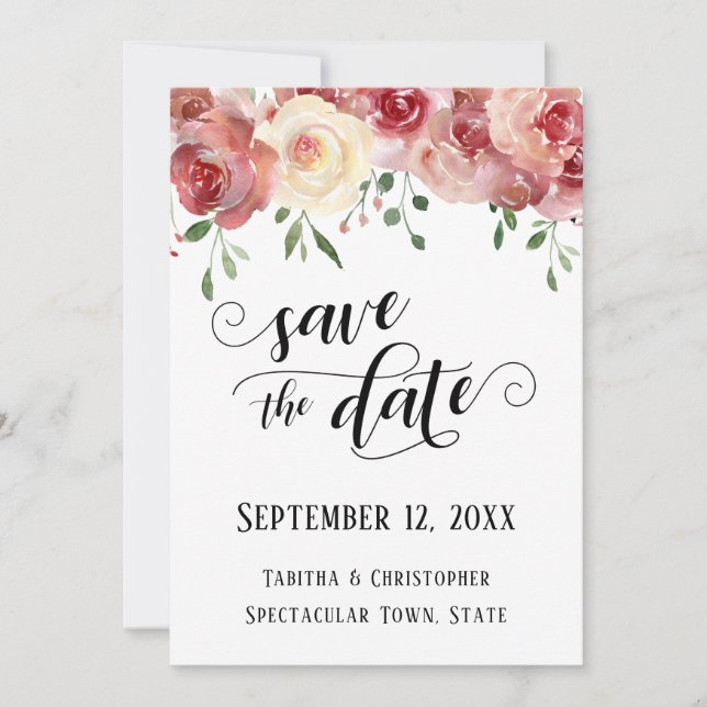 Save The Date Calligraphie pour faire-part, Bourgogne, Roses car (Devant)