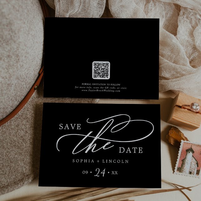 Save The Date Calligraphie romantique | Code QR noir foncé (Créateur téléchargé)