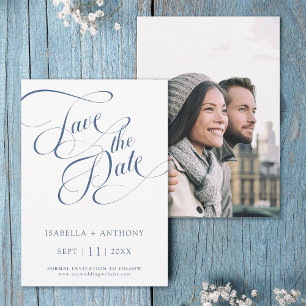 Save The Date Calligraphie romantique Dusty Blue Mariage Photo