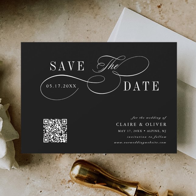 Save The Date Calligraphie romantique QR Code noir Horizontal (Créateur téléchargé)