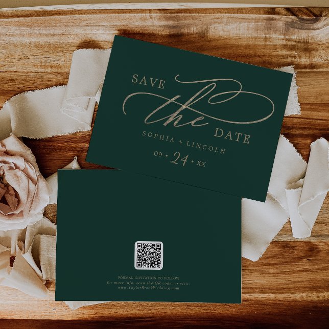 Save The Date Calligraphie romantique verte Code QR horizontale (Créateur téléchargé)