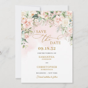 Save The Date Calligraphie roses rose rose pâle eucalyptus or