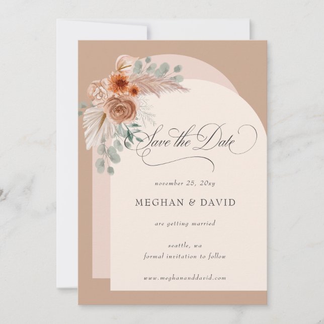 Save The Date Calligraphie Rustique Boho Terracotta Pampas (Devant)