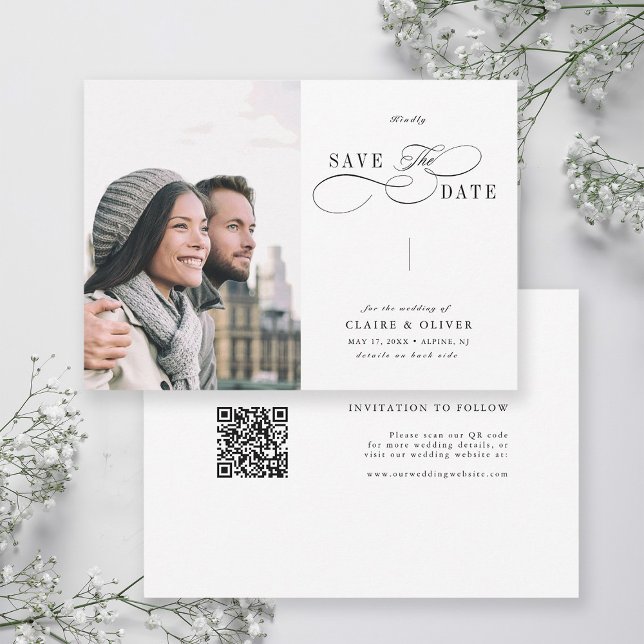 Save The Date Calligraphie Tourbillonnant romantique QR Code Mar (Front & Back)