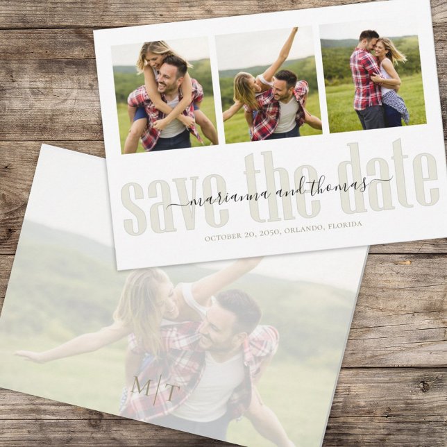 Save The Date Calligraphie Vélin Script Stylé Multi Photo  (Simple multi photo save-the-date photo card with stylish calligraphy and block-style lettering. )