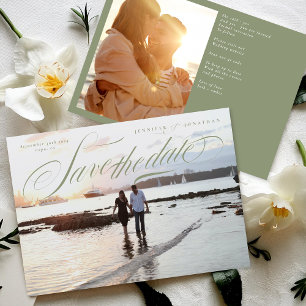 Save The Date Calligraphie verte Classic QR Code Deux Photo