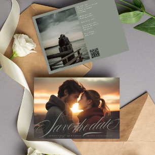 Save The Date Calligraphie verte gris classique Code QR Deux pho