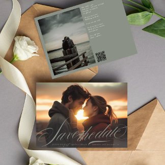 Save The Date Calligraphie verte gris classique Code QR Deux pho