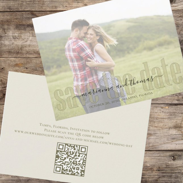 Save The Date Calligraphy Vellum Simple Elegant Photo QR Code (Créateur téléchargé)