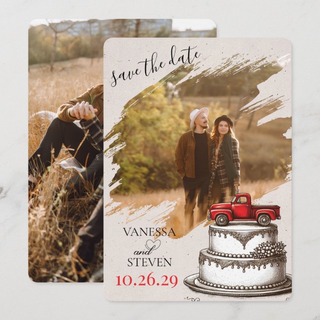 Save The Date Camionnette Rouge Vintage (Devant / Derrière)