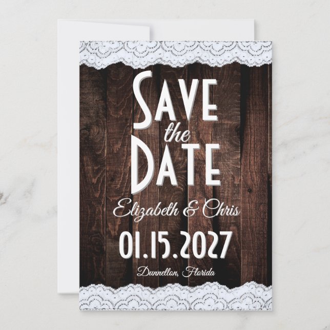 Save The Date Campagne Romantique Chic Dentelle et Bois Rustique (Devant)