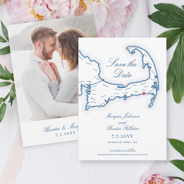 Save The Date Cape Cod Wychmere Beach Club Mariage (Wychmere Beach Club Save the Date with Harwich Port MA Cape Cod Map in elegant navy blue)