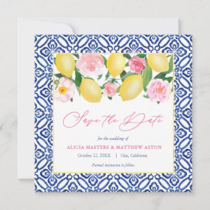 Save The Date Capri Aquarelle Citrons Rose Flores Bleu Blanc