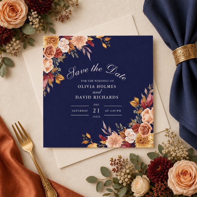 Save The Date Carré floral bleu de minuit et orange brûlée  (Créateur téléchargé)