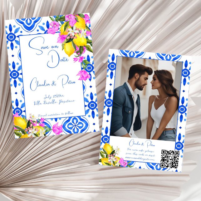 Save The Date Carreaux bleus Bougainvillea citrons mariage éléga (Blue Tiles Bougainvillea lemons elegant wedding photo template Save The Date card Mediterranean)