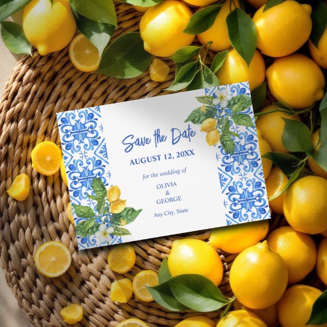 Save The Date Carreaux bleus méditerranéens et citrons pour anno (Créateur téléchargé)