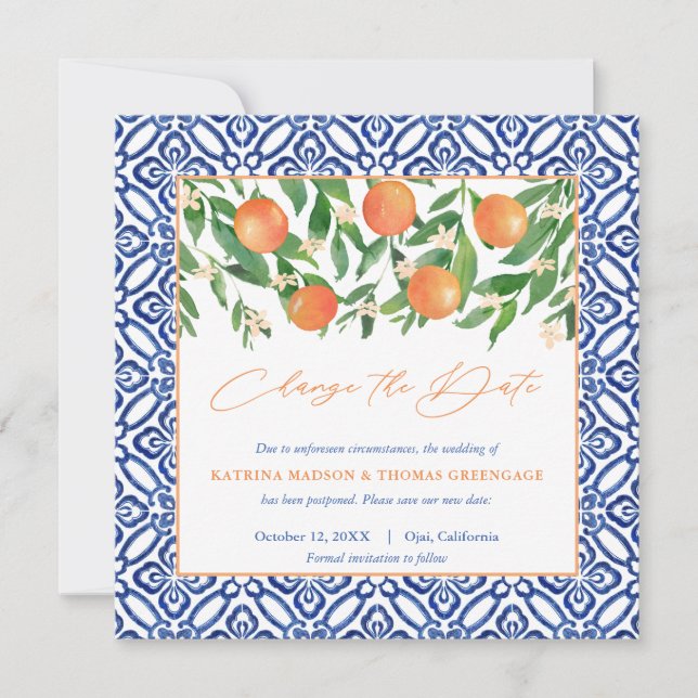Save The Date Carreaux Bleus Positano Oranges Douces Changement  (Devant)