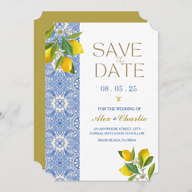 Save The Date Carreaux "Save the Date" et citrons Méditerranée (Devant / Derrière)
