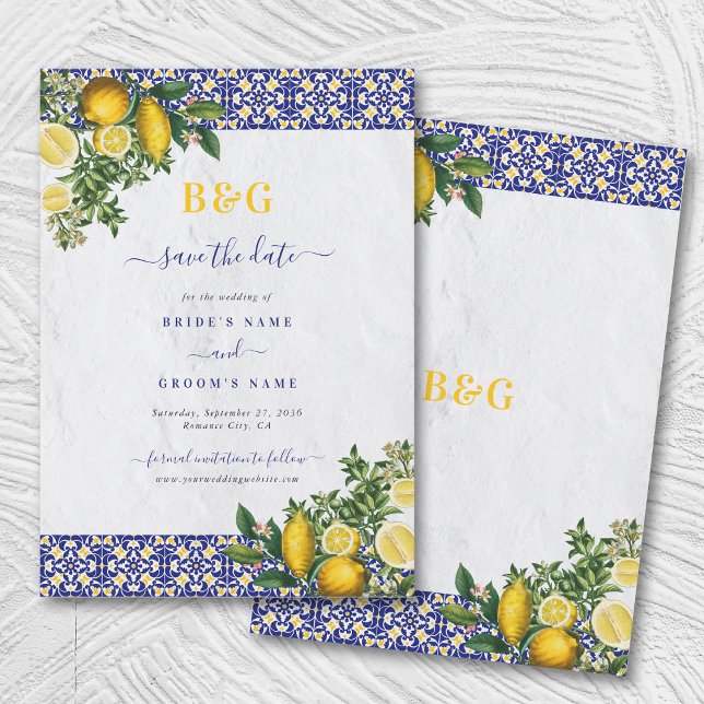 Save The Date Carrelage bleu blanc jaune méditerranéen Mariage c (Blue White Yellow Mediterranean Tile Lemon Wedding Save The Date)