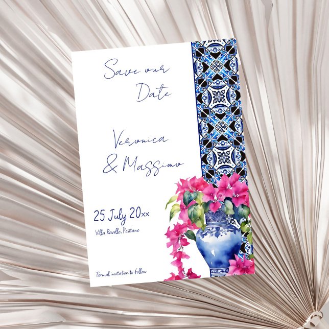 Save The Date Carrelage bleu Bougainvillea mariage élégant (Blue French Talavera Azulejo Tile Bougainvillea elegant Mediterranean wedding Save The Date template)