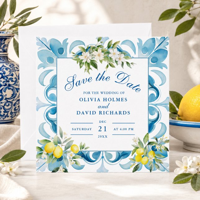 Save The Date Carrelage Bleu de Mariage au Citron de la Côte d'A (Amalfi Coast Lemon Wedding Blue Tile Save The Date)