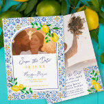 Save The Date Carrelage bleu italien aquarelle citron mariage<br><div class="desc">Notre motif en céramique bleue d'inspiration italienne-méditerranéenne, jumelé à des citrons d'aquarelle jaune peints à la main et joyeux, crée un mariage frais et moderne, sauvez l'invitation de la date qui est sûr d'impressionner! Doté d'une arche moderne et d'un élégant script de brosse. Impressionnez vos invités avec ce design tendance...</div>