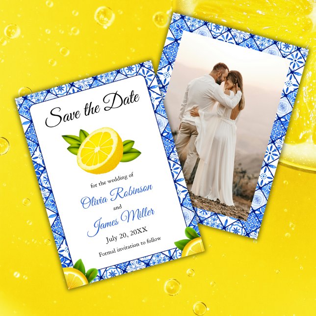 Save The Date Carrelage bleu italien méditerranéen Mariage photo (Mediterranean Italian Blue Tile Lemon Wedding Photo Save The Date Card  )